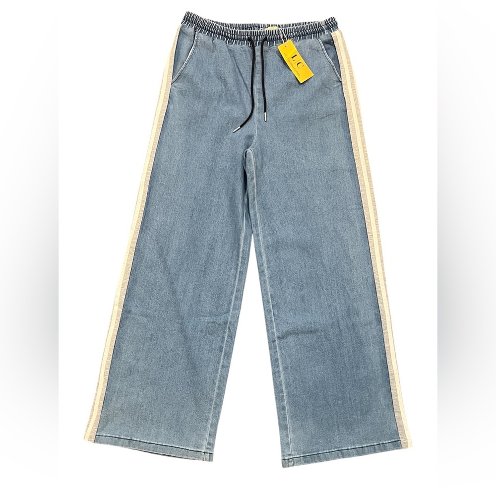 Lizette Collection: Wide Leg Blue Denim pants with Gray Side Stripe